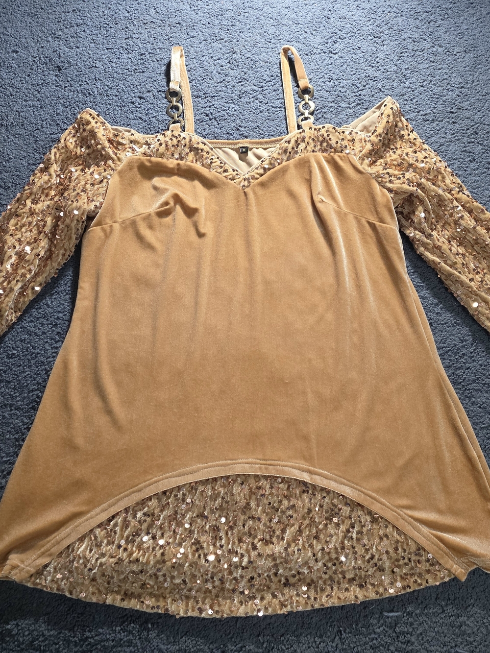 Sequin-Trim Velvet Cold-Shoulder Tunic in Camel
